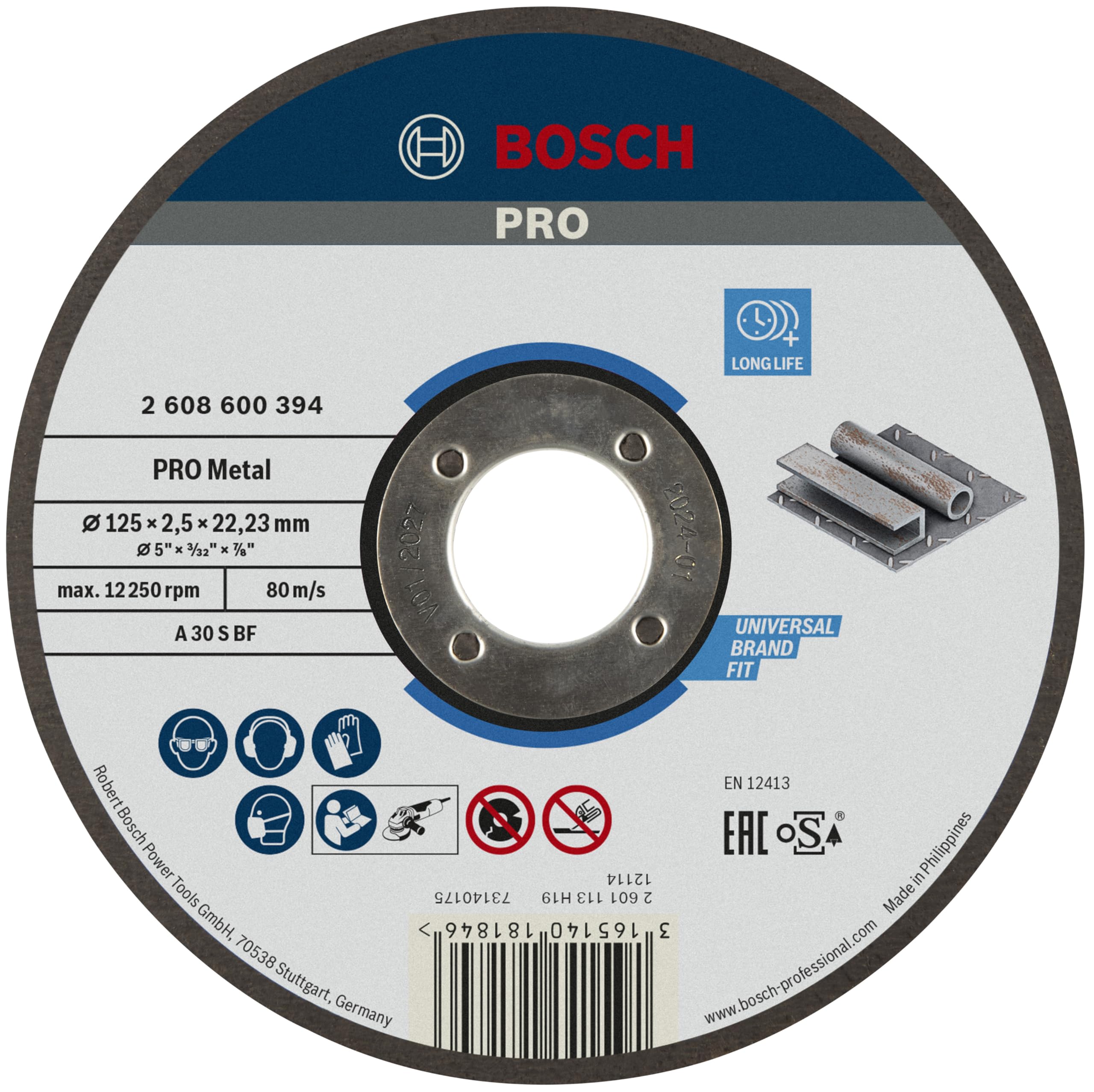 Bosch 1x PRO Metal Longlife Cutting Disc for Small Angle Grinder and Bore 22.23 mm (for Steel, Ø 125 mm, Professional Accessory Small Angle Grinder)