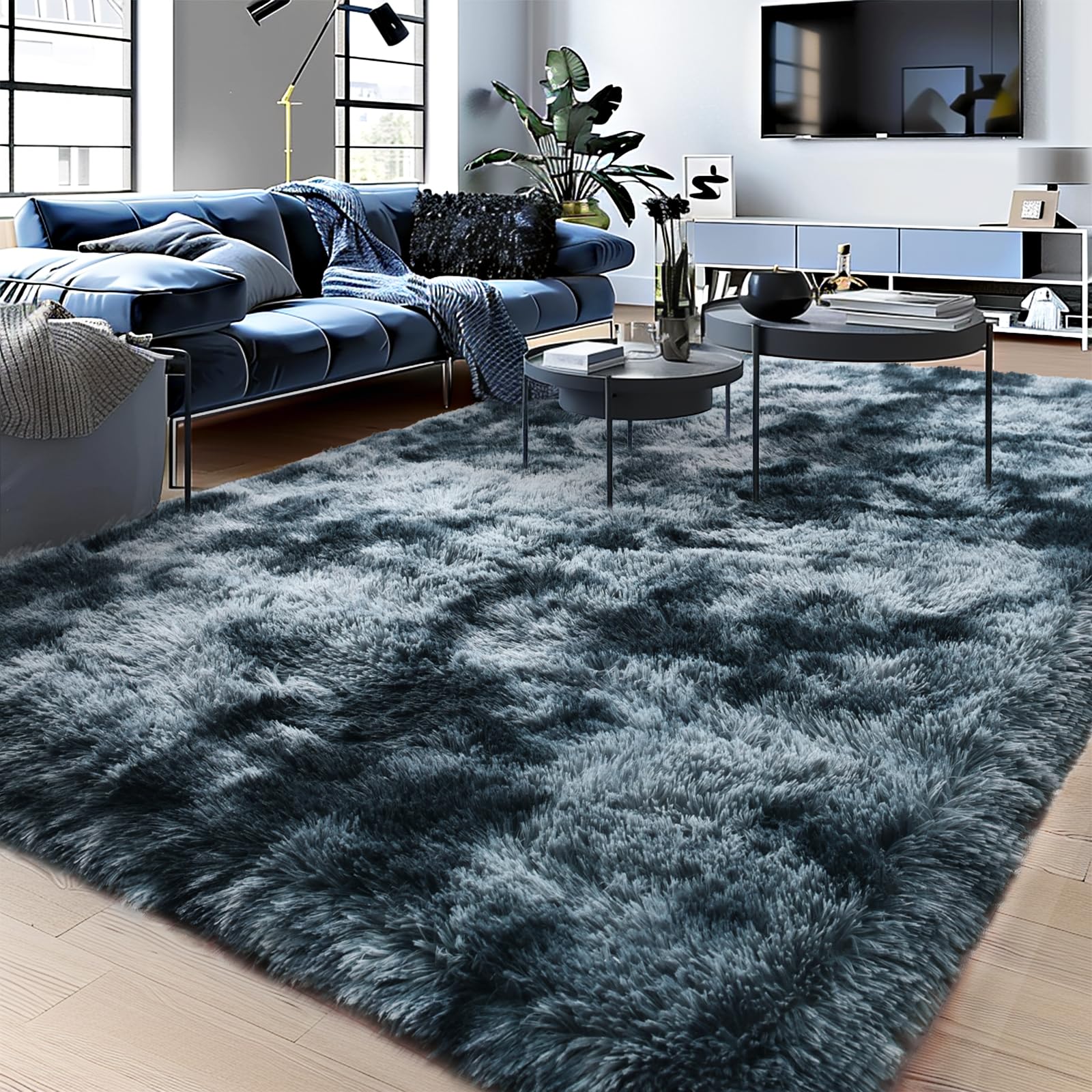 Photo 1 of Fluffy Rugs for Living Room, Furry Carpet for Teen,Shaggy Rug for Nursery Room, Tie-Dyed Blue Grey Fuzzy Plush Rug for Dorm, Shag Rug 6x9 Feet