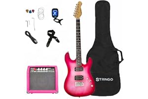 STRINGO Pink Rose Electric Guitar Beginner Kit Full Size 39 Inch Set Includes Tremolo Guitar, 20W Amplifier 3 Picks, Shoulder Strap, Tuner, Bag Case