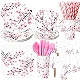Funnymoom 452 Pcs Cherry Blossom Party Decorations Supplies Include Cherry Blossom Paper Plates Napkins Cups Tablecloth Cutlery Straws for Baby Shower Birthday Bridal Shower Wedding Party