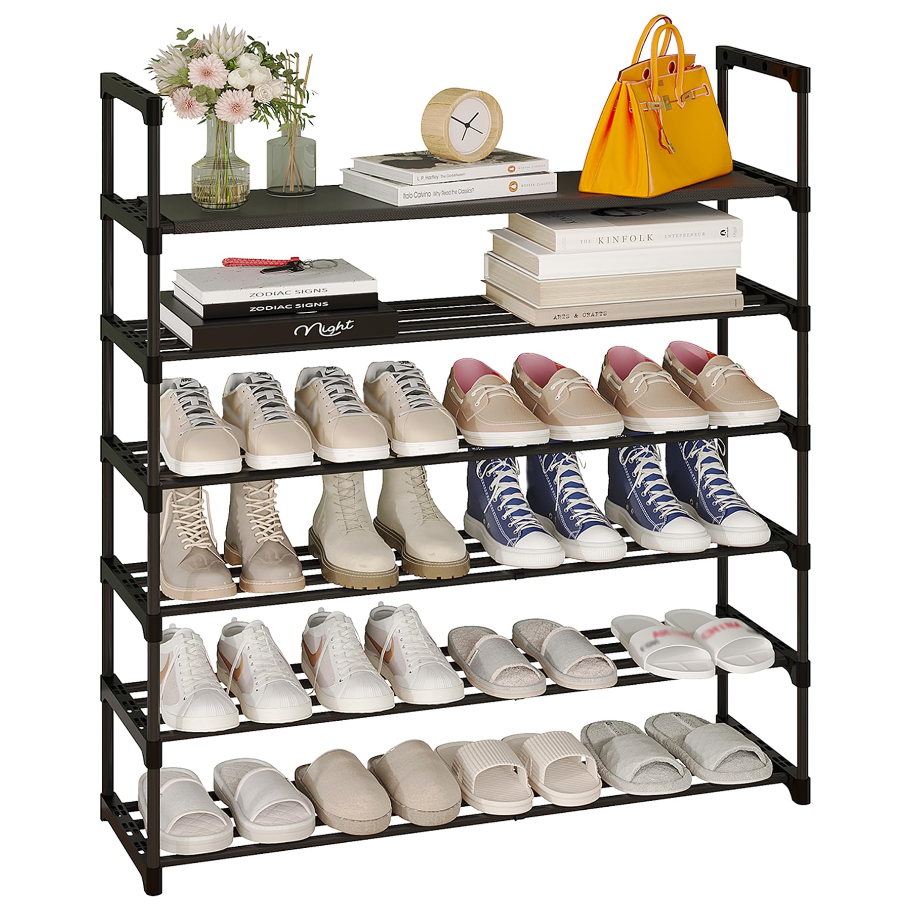 Photo 1 of Calmootey 6-Tier Shoe Rack, Tall Large Capacity 30 Pairs Shoes Storage Organizer, Stackable Wide Shoe Shelf for Entryway, Hallway, Black