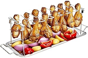 auisea Chicken Leg Rack for Grill 14 Slots with Drip Tray - Sturdy Stainless Steel Chicken Drumstick Holder for Smoker - High Capacity Chicken Leg Rack for Oven, Grilling, Easy to Clean