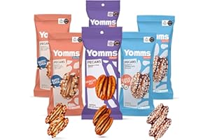 Yomms Pecan Halves Variety Pack – Low Sugar Healthy Dessert Snack | 3 Flavors - Coco Twist, Nutty Chia, Crunchy Joy | Sweet Coconut & Crunchy Pecan Snack | Roasted Mixed Nuts | 1.3oz Each | 2 Pack of Each Flavor | 6 Total