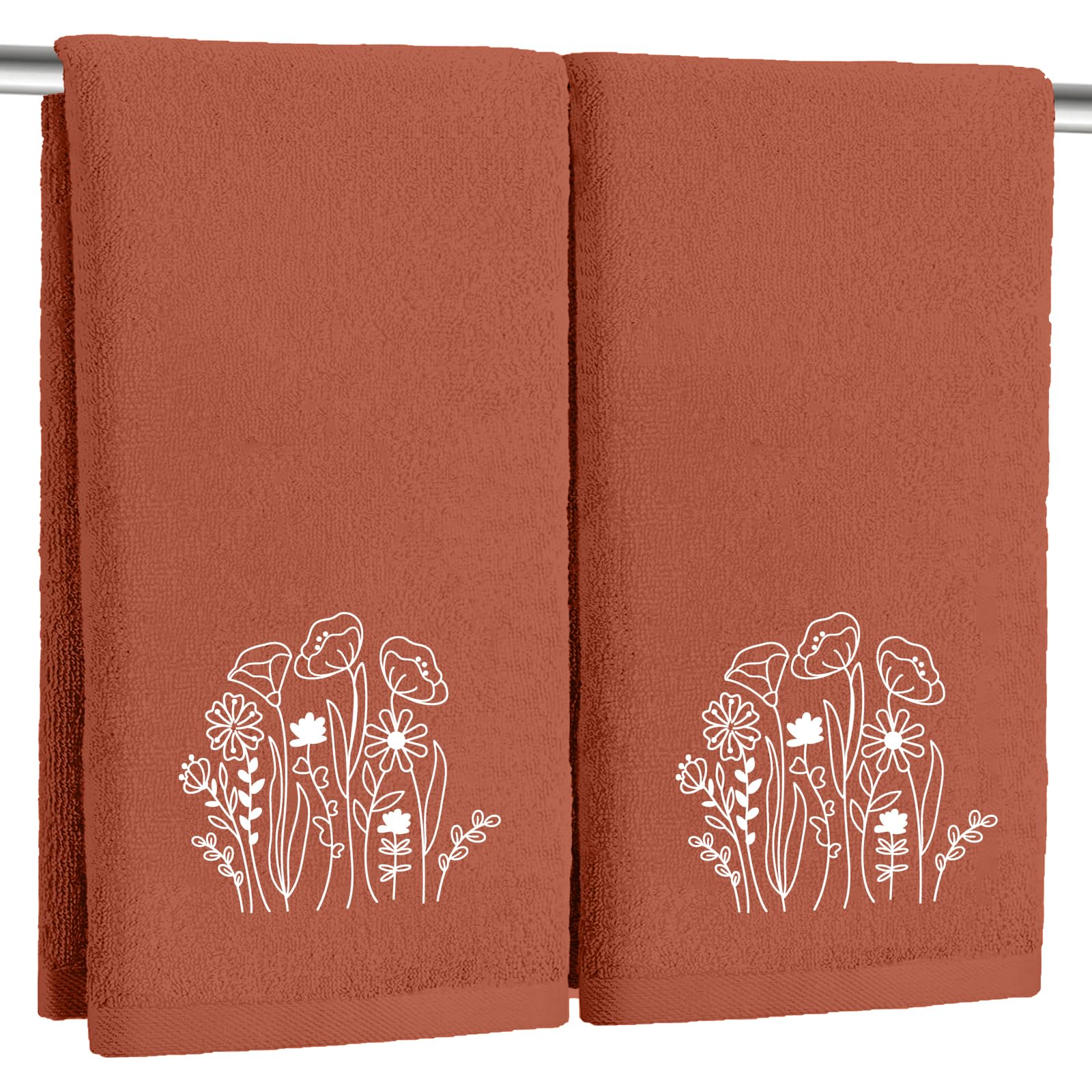 Photo 1 of 2 Pcs Fall Floral Hand Towels for Bathroom 100% Cotton Embroidered Wild Flowers Leaves Terracotta Rust thanksgiving bath towels bathroom kitchen towels decorative gift Holiday Home Decor(red flower)