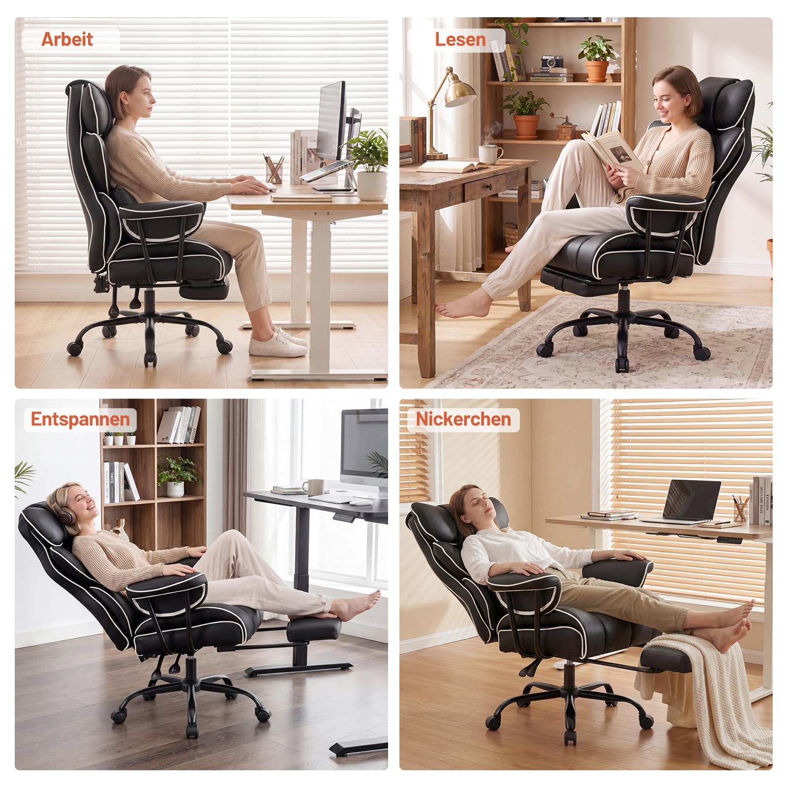 Ckaff Bürostuhl Chefsessel Ergonomisch, Gaming Stuhl aus PU Leder, Bürostuhl 200kg mit Fußstütze und Lendenwirbelstütze, Schreibtischstuhl mit Verstellbarer Rückenlehne (Schwarz) 3