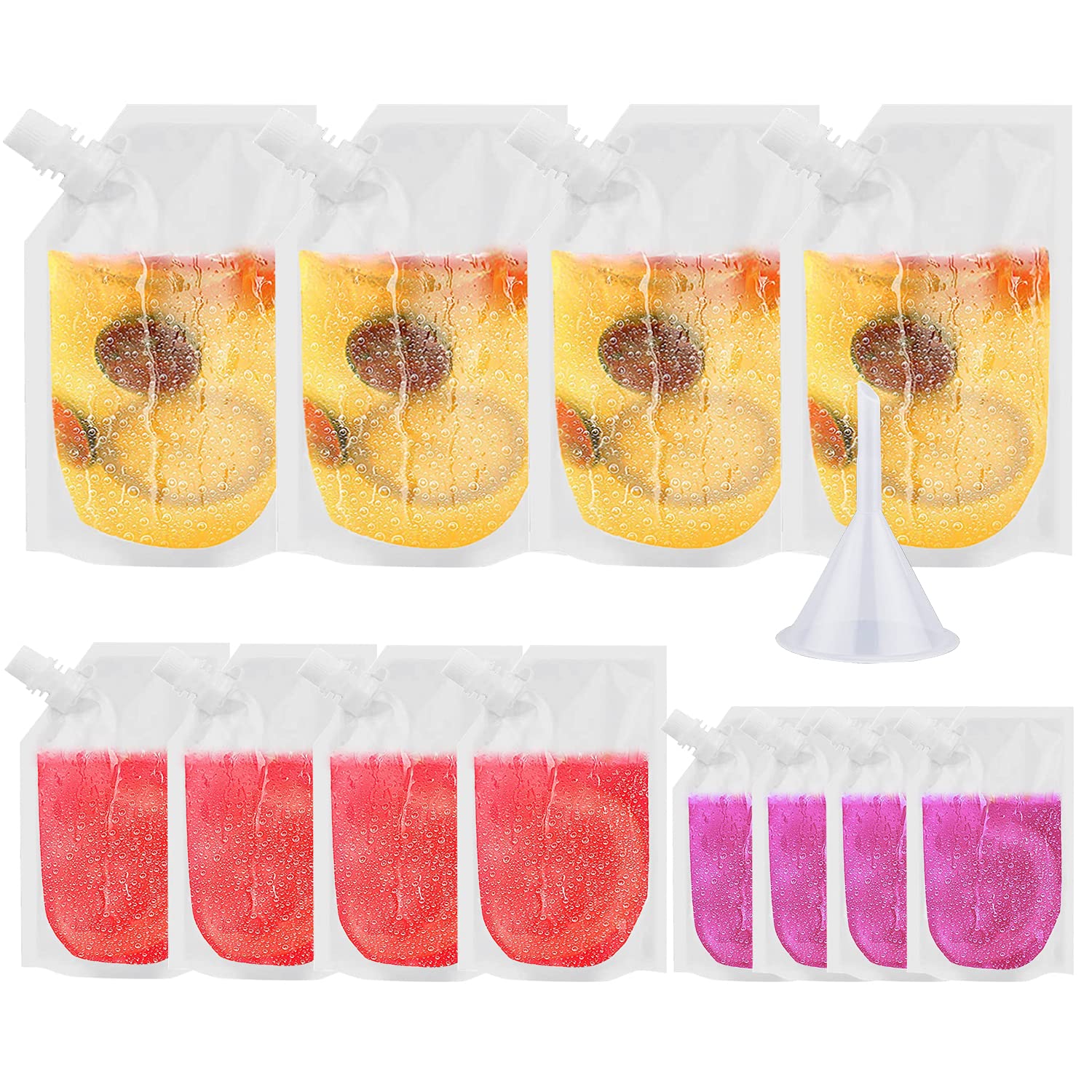 Drink Pouches for Festivals, 12 Pack Juice Pouch Bags Leak Proof with Spouts and Funnel, Plastic Liquid Pouches (250ml, 400ml, 500ml)