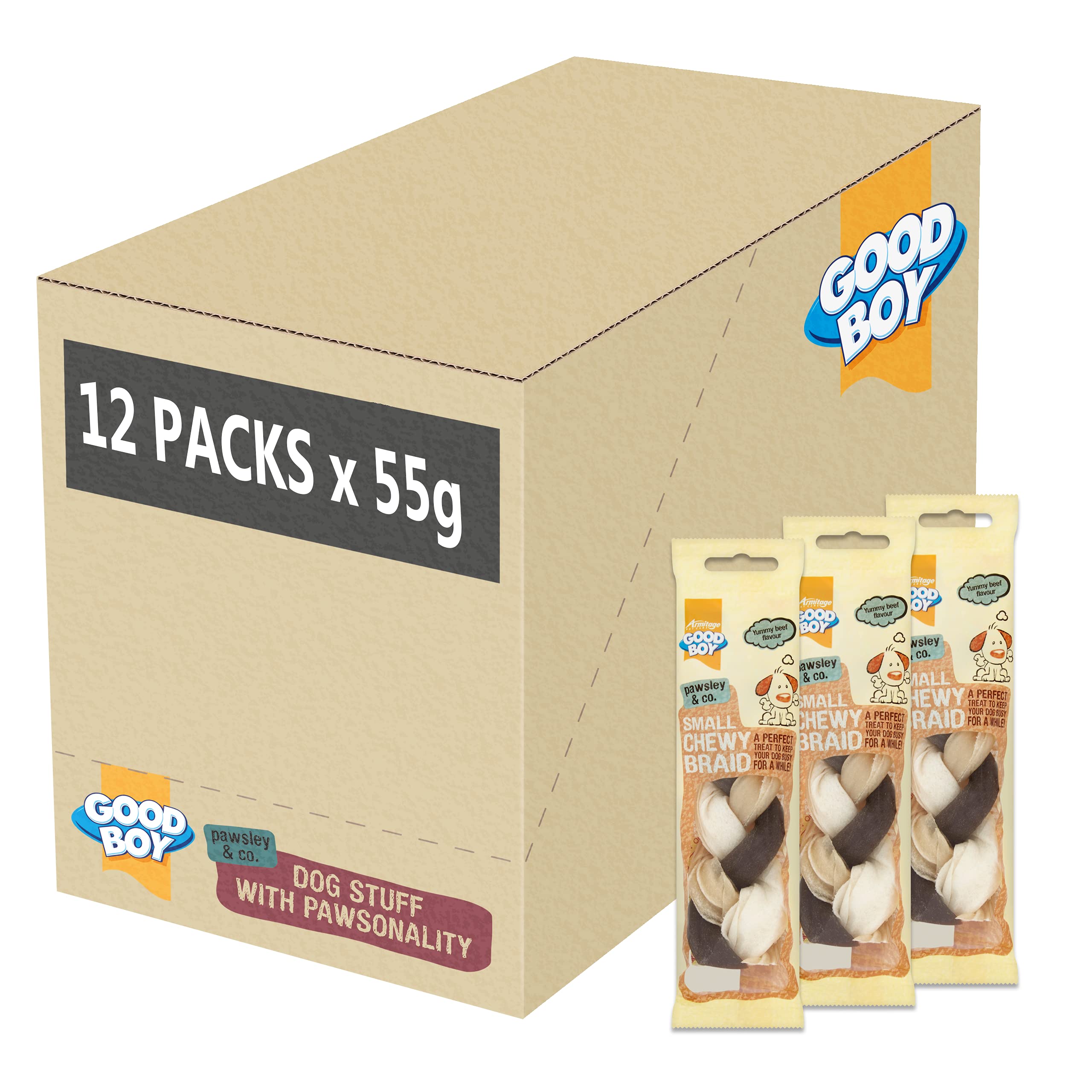 Good Boy - Small Chewy Braids - Dog Chews - Made With Beef Hide and Beef Flavouring - 55 Grams ℮ - With Probiotics To Aid Digestion - Case of 12
