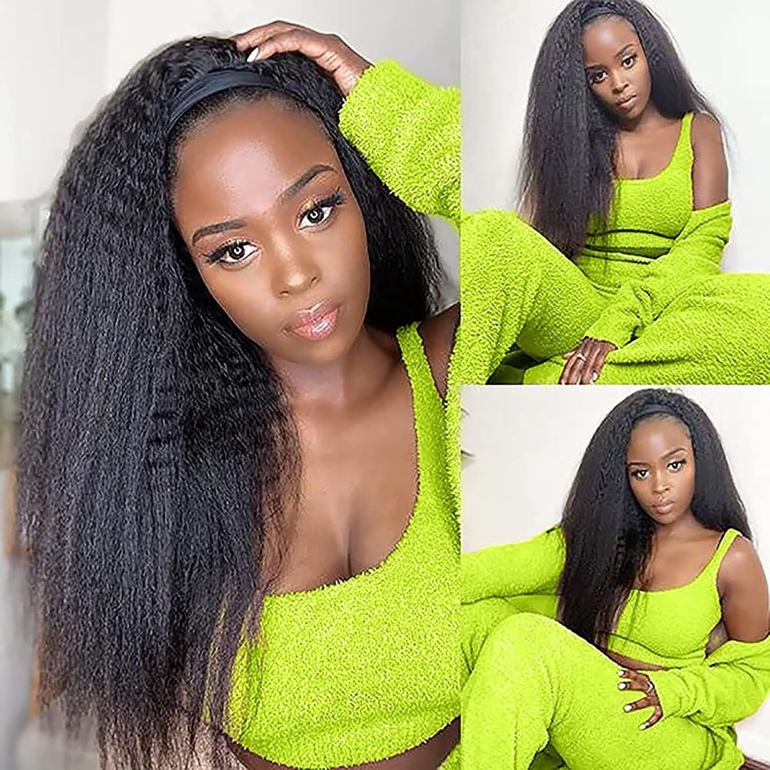 Headband Wigs Human Hair Kinky Straight Glueless Yaki Wigs Headband100% Real Brazilian Human Hair Wig With Headband Attached kinky Half Wig For Women 22 Inch