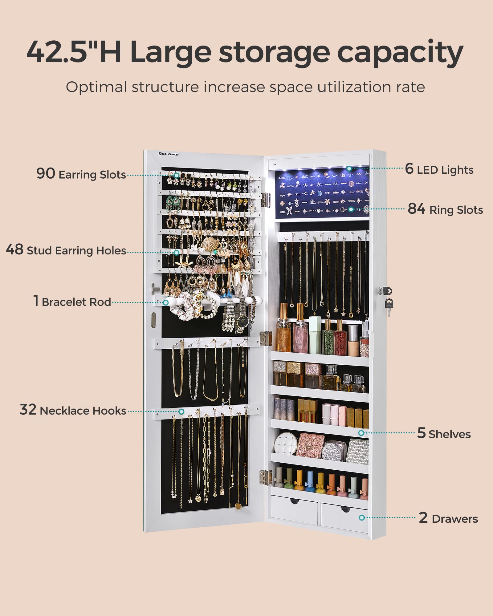 SONGMICS SONGMICS Hanging Jewelry Cabinet, Wall-Mounted Cabinet with LED Interior Lights, Door-Mounted Jewelry Organizer, Full-Length Mirror, Gift Idea, White UJJC99WT