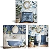 PoGoXiPoYo 3 Pieces Bathroom Wall Art Canvas Prints Bath Tub Toilet Sink Painting Picture Blue Bathroom Wall Decor Framed Rustic Modern Artwork for Home Decor Ready to Hang 12"x12"x3