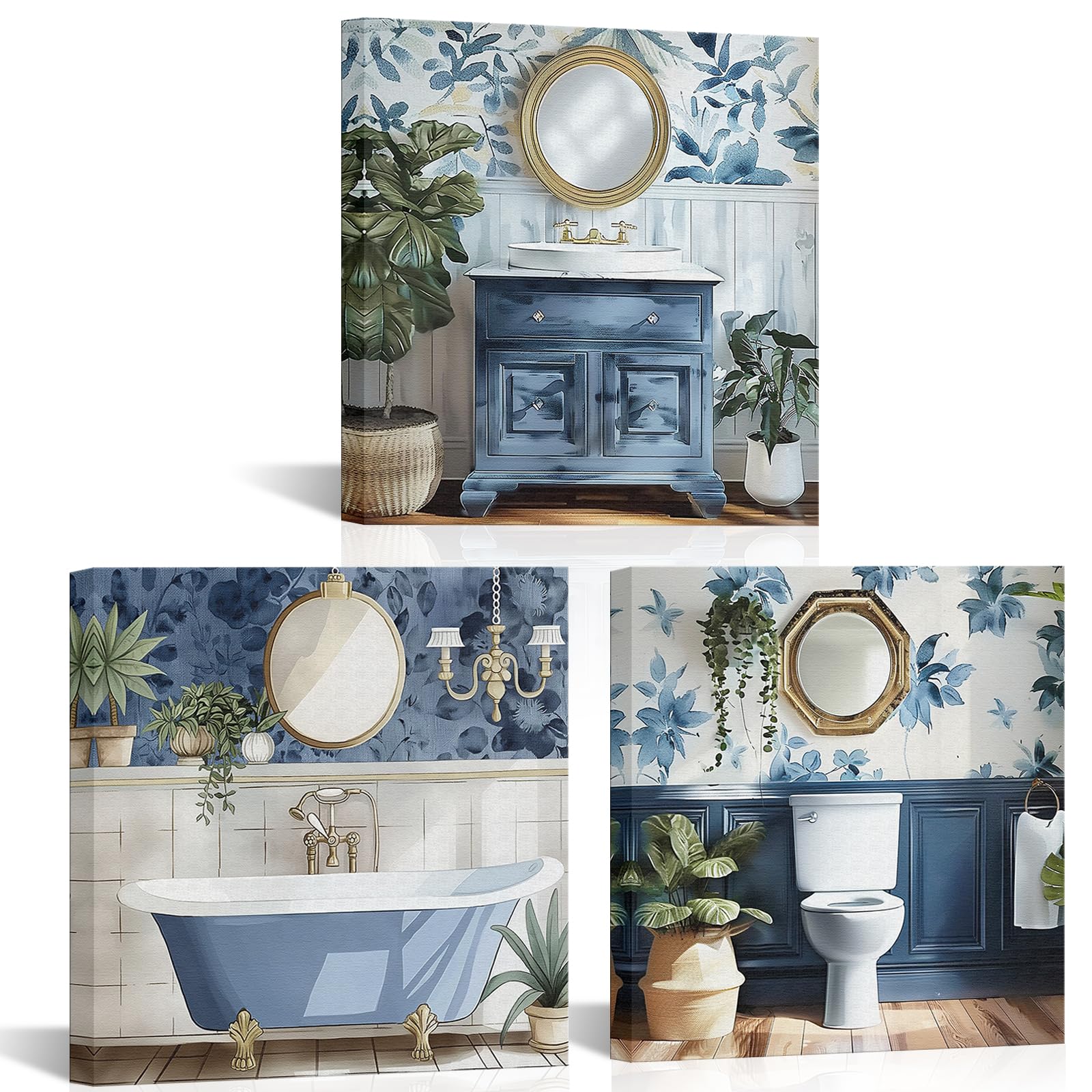 Photo 1 of PoGoXiPoYo 3 Pieces Bathroom Wall Art Canvas Prints Bath Tub Toilet Sink Painting Picture Blue Bathroom Wall Decor Framed Rustic Modern Artwork for Home Bathroom Decor Ready to Hang 12"x12"x3