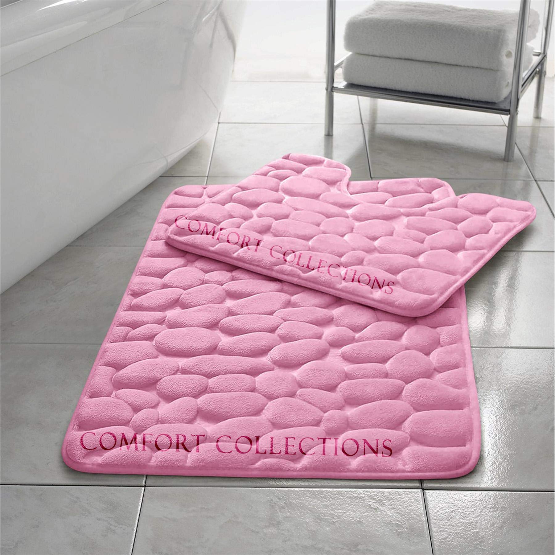 Comfort Collections Memory Foam Pebble Bath Mat Set Pedestal Bathroom Rug 2 Piece Soft Absorbent Non Slip Blush Pink Bath Mat (50CM X 80 CM) & Pedestal Mat (50CM X 40 CM) Approximate