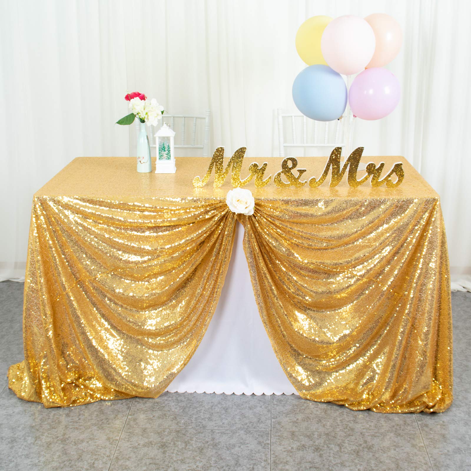 Photo 1 of ShiDianYi Gold Sequin Tablecloth 90x156-Inch Rectangle Table Cloth for 8FT Tables Rectangular Golden Tablecloths for Parties Sequins Fabric Overlay Wedding Holiday Decor