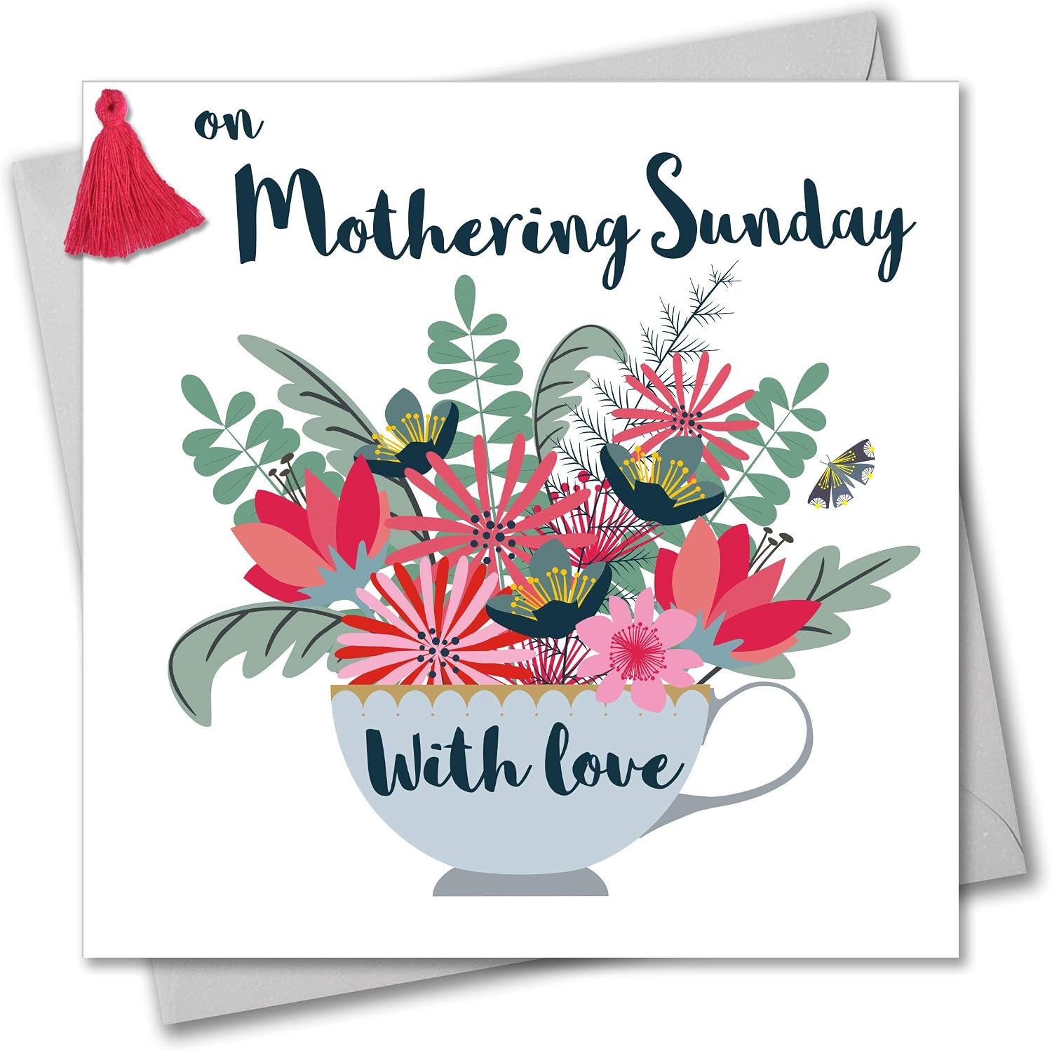Claire Giles Greeting Cards, Happy Mother's Day Card, Teacup Design Mothering Sunday Greeting Card, Embellished with a Colourful Tassel