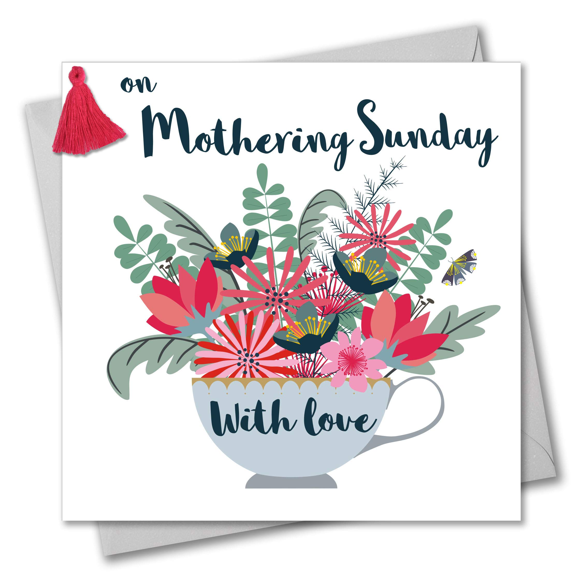 Claire Giles Greeting Cards, Happy Mother's Day Card, Teacup Design Mothering Sunday Greeting Card, Embellished with a Colourful Tassel