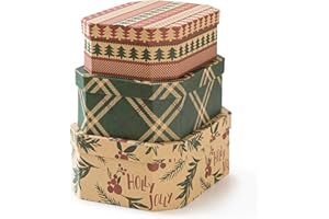 Soul & Lane Christmas Gift Boxes with Lids, Vintage Reusable Christmas Nesting Boxes for Presents, Decorative Cardboard Large Holiday Storage For Keepsakes and Decor, Set of 3