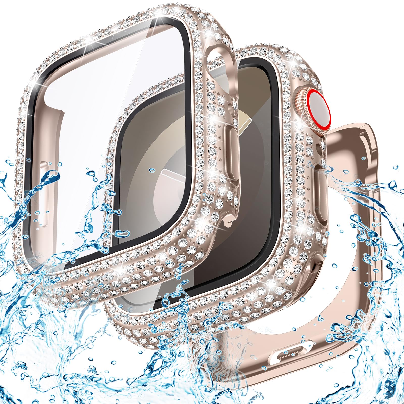 Photo 1 of Goton 2-in-1 Waterproof Bling Case Compatible for Apple Watch Screen Protector 40mm 41mm 42mm 44mm 45mm 46mm Ultra 49mm Series 10 9 8 7 6 5 4 SE 2, Glitter Rhinestone Face Cover for iWatch Accessories