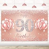 Happy 90th Birthday Banner Backdrop - 90 Birthday Party Decorations Supplies for Women or Men - Rose Gold 4 x 6ft