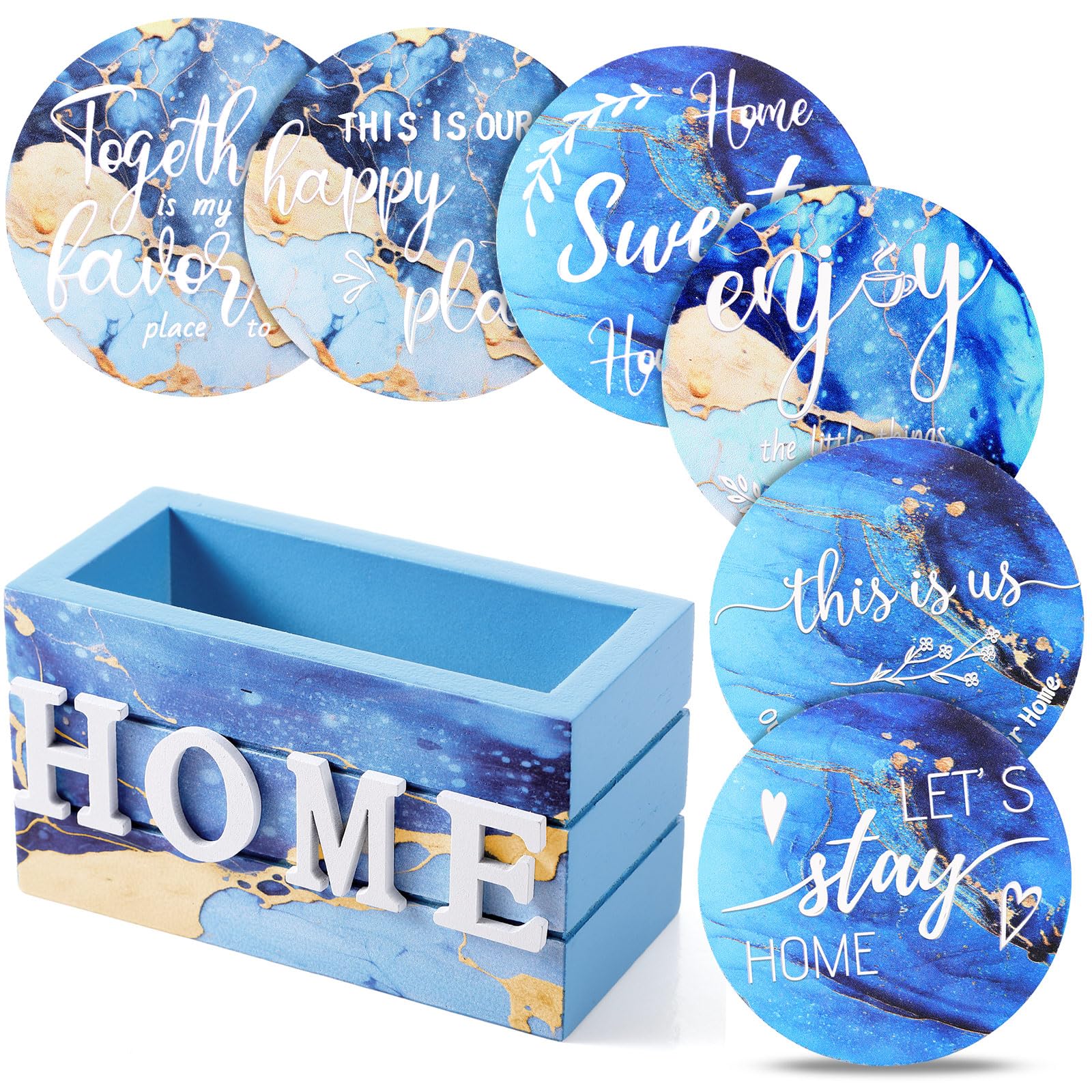 Housewarming Gifts for Home Decoration Wooden Heart Coasters for Drinks Set of 6 Farmhouse Coasters with Holder Funny for Coffee Table Protection, 4 Inch (Navy Blue Marble)