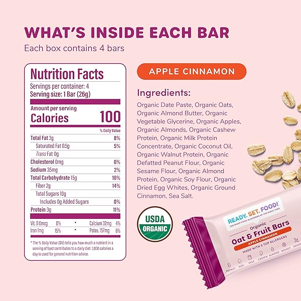 READY, SET, FOOD! ORGANIC OAT & FRUIT BARS | APPLE CINNAMON | ORGANIC BABY TODDLER SNACK BAR WITH 8 TOP ALLERGENS: PEANUT, EGG, MILK, CASHEW, ALMOND, WALNUT, SESAME, SOY | NO SUGAR ADDED