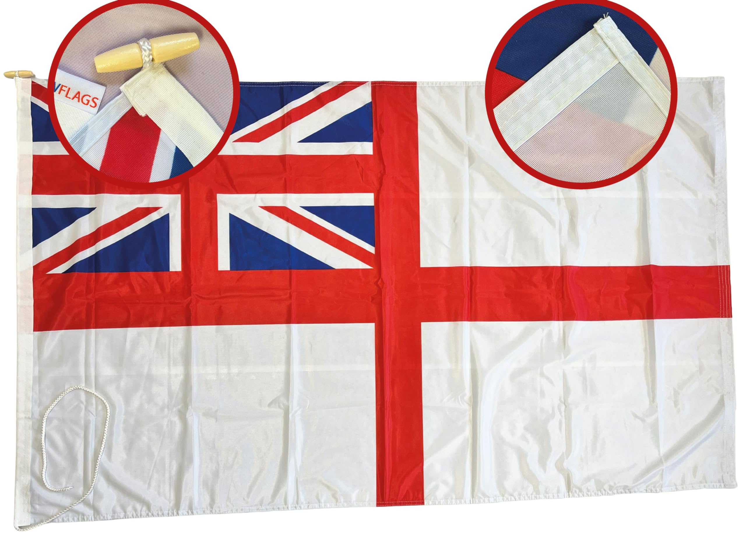 NWFlags White Ensign Flag 150d Nylon Rope & Toggle 5ft x 3ft for Professional Flagpole | Royal Navy Flag