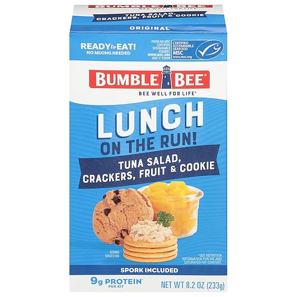 BUMBLE BEE LUNCH ON THE RUN TUNA SALAD WITH CRACKERS KIT, 8.2 OZ – READY TO EAT, INCLUDES CRACKERS, COOKIE & PEACHES – WILD CAUGHT TUNA – SHELF STABLE & CONVENIENT SOURCE OF PROTEIN, EASY OPEN CAN
