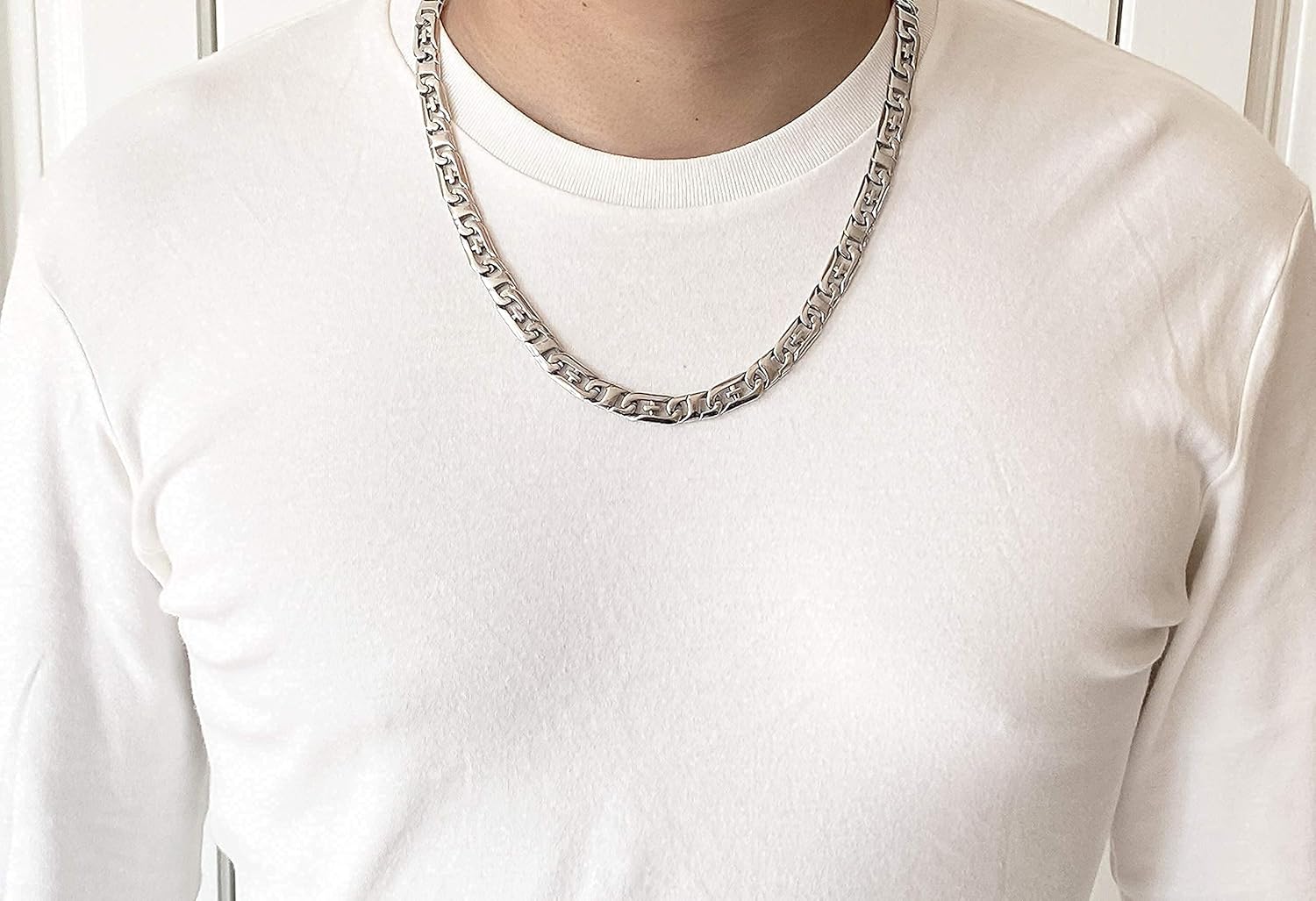 Flat Curb Mens Necklace, Figaro Chain for Men Boys, Highly Polished Stainless Steel Flat Cuban Link Necklace, Solid Flat Mariner Link Chain Necklace for Men | 