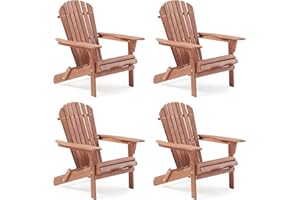 WOOD-NATRL Wooden Folding Adirondack Chair Set of 4, Pre-Assembled BackRest Wood Lounge Chair for Outdoor Patio Garden Lawn Backyard Deck Pool Beach Firepit