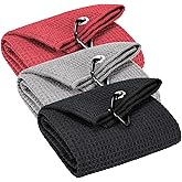 Solvora 3 Pack Golf Towels - 16"x24" Tri-Fold Waffle Microfiber Golf Towel for Golf Bag/Golf Cart, Heavy-Duty Carabiner & Ultra Absorbent Fabric to Wipe Sand, Mud & Sweat (Black/Grey/Red)