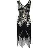 PrettyGuide Women's Flapper Dresses Sequin Pearl Fringe Dress V Neck 1920s Dress Art Deco Great Gatsby Dress
