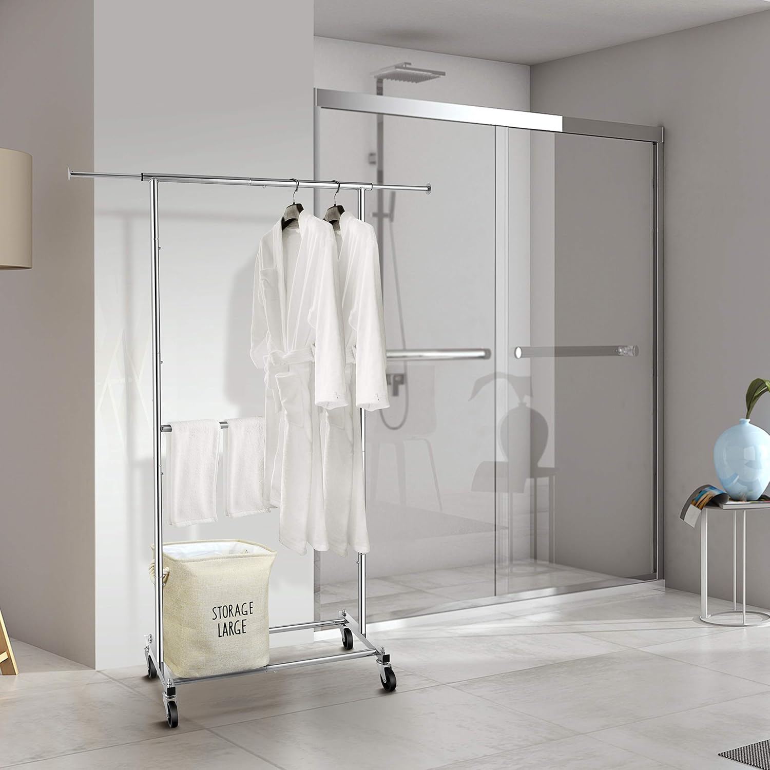 Simple Trending Double Rod Clothing Garment Rack, Rolling Clothes Organizer on Wheels for Hanging Clothes, Chrome: Home Improvement
