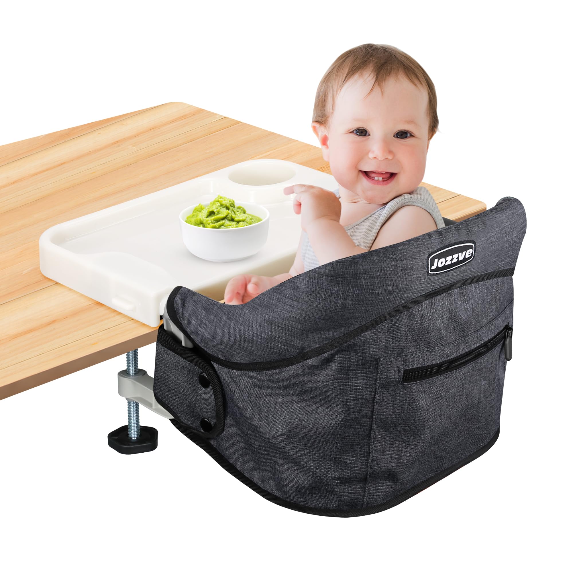 Photo 1 of Hook On High Chair, Jozzve Clip on High Chair with Removable Dining Tray for Babies and Toddlers, Fold-Flat Storage Portable Baby Feeding Seat, Attach to Fast Table Chair for Home Travel (Black)