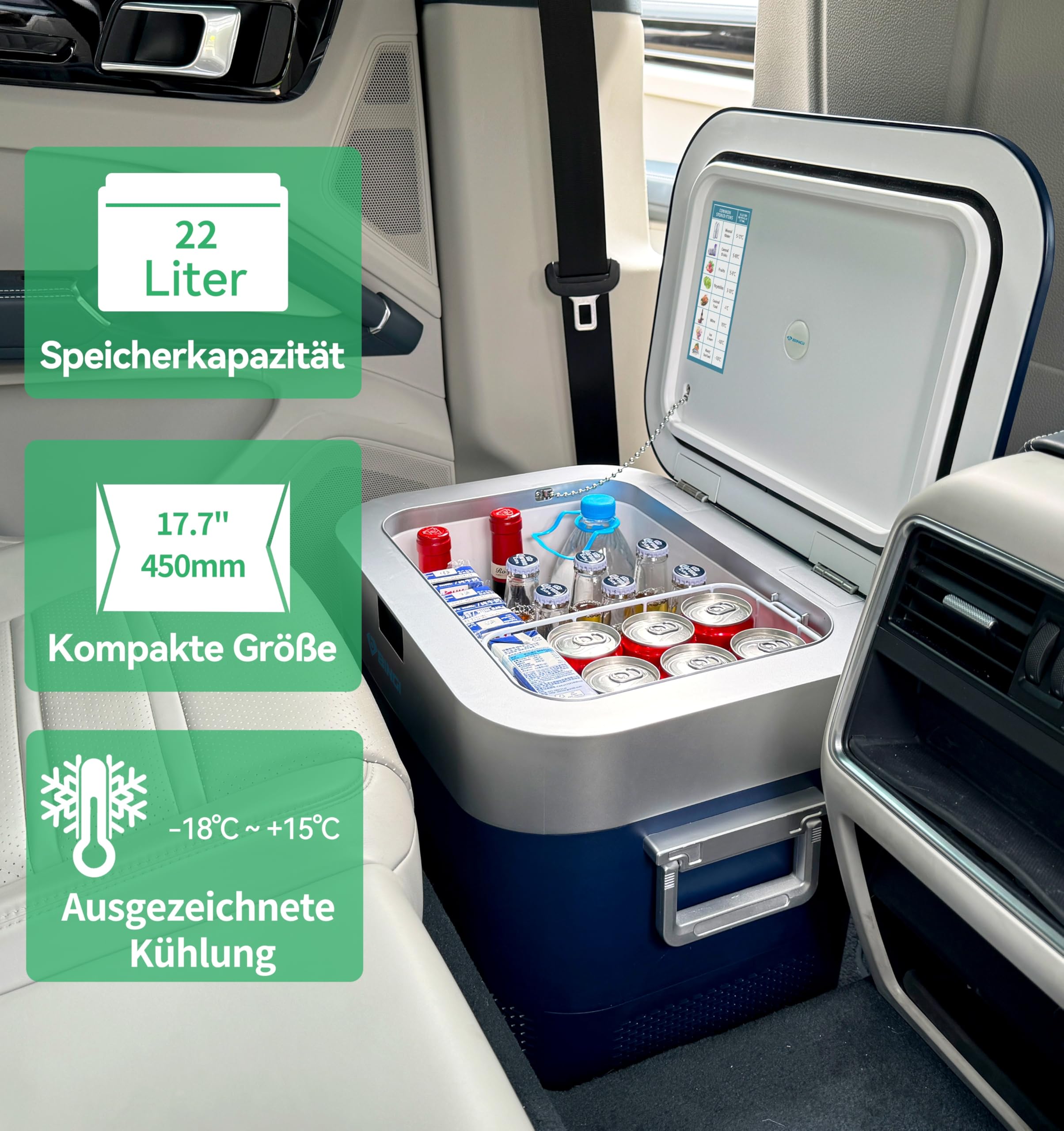 BINGI Kompressor Kühlbox 22L Tragbarer Auto Kühlschrank 12/24V DC und 230V AC Mini Gefrierschrank für Auto, LKW, Camping, Wohnmobil und Zuhause (15℃ bis -18℃) 2