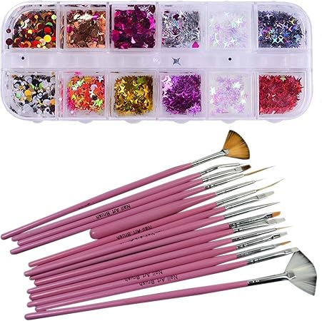 Amazon Sasairy ネイルアートセット ネイル飾り物 カラフル ネイルスパンコール 15点ネイルアートブラシ ラインストーン 星型 ハート型 ラウンド スパンコール ジェルネイルアートネイルサロン ネイルアートキット ネイル筆 ドットペン ネイルアートネイル用品道具 筆