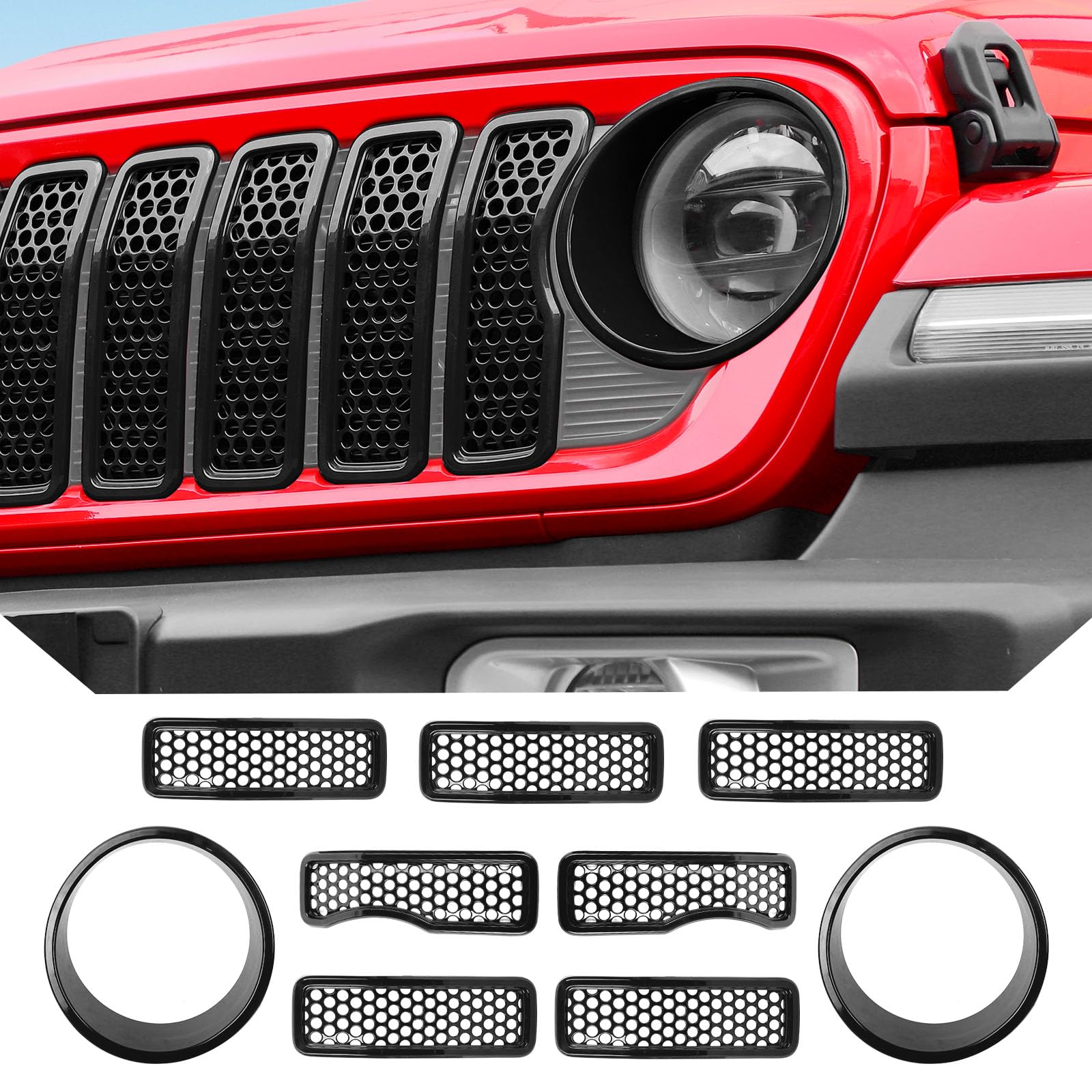 Photo 1 of JeCar Mesh Grill Inserts for Jeep Wrangler JL 2024+ Grill Covers & Headlight Covers trim Kit Accessories (Black C)