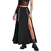 MATSUMIZUYU Sexy Black Punk Gothic Maxi Skirt for Women Stretchy High Waist Rock Alt Rave Long Skirts with Double Split