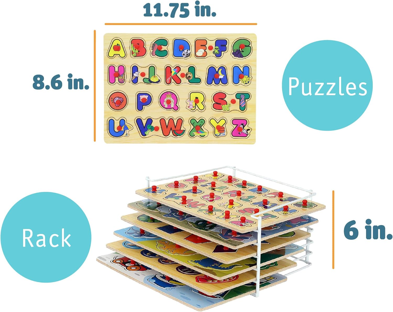 Etna Wood Peg Puzzle Set with 6 Puzzles and Wire Storage Rack ABC, Numbers, Shapes, Vehicles and Animals Educational Puzzles for Kids 3 and Up: Toys & Games