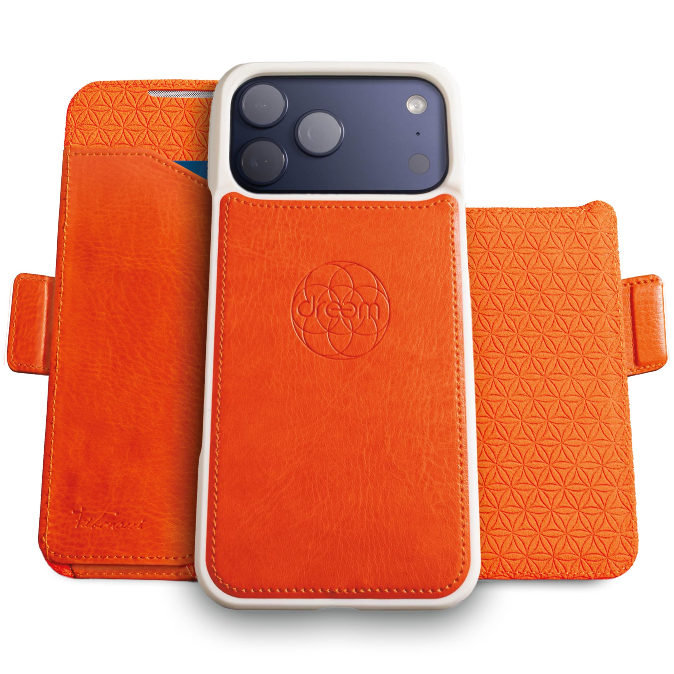Dreem Wallet Case for iPhone 17 Pro, Revolutionary Vert/Hor Phone Stand, Magnetic Detachable Vegan Leather Flip Cover RFID Blocking Card Holder, MagSafe-Fit, Gift Box [Fibonacci: Orange] Image