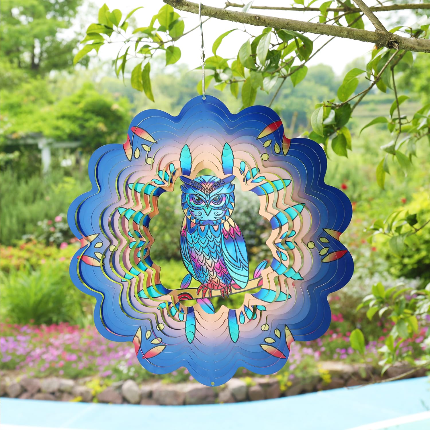 Gochoi Owl Hanging Wind Spinners Outdoor,Owl Gifts for Women Mom Grandma Wife,12 inch Stainless Steel Wind Spinner Garden Yard decor Ornaments Outside Decorations-Blue Owl