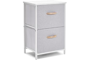 LAND·VOI Dresser Storage,Night Stand with 2 Fabric Drawers,End Table for Bedroom, Office, Living Room, and Hallway Entryway Closets, Steel Frame Wood Top, Easy Pull Handle,White Grey