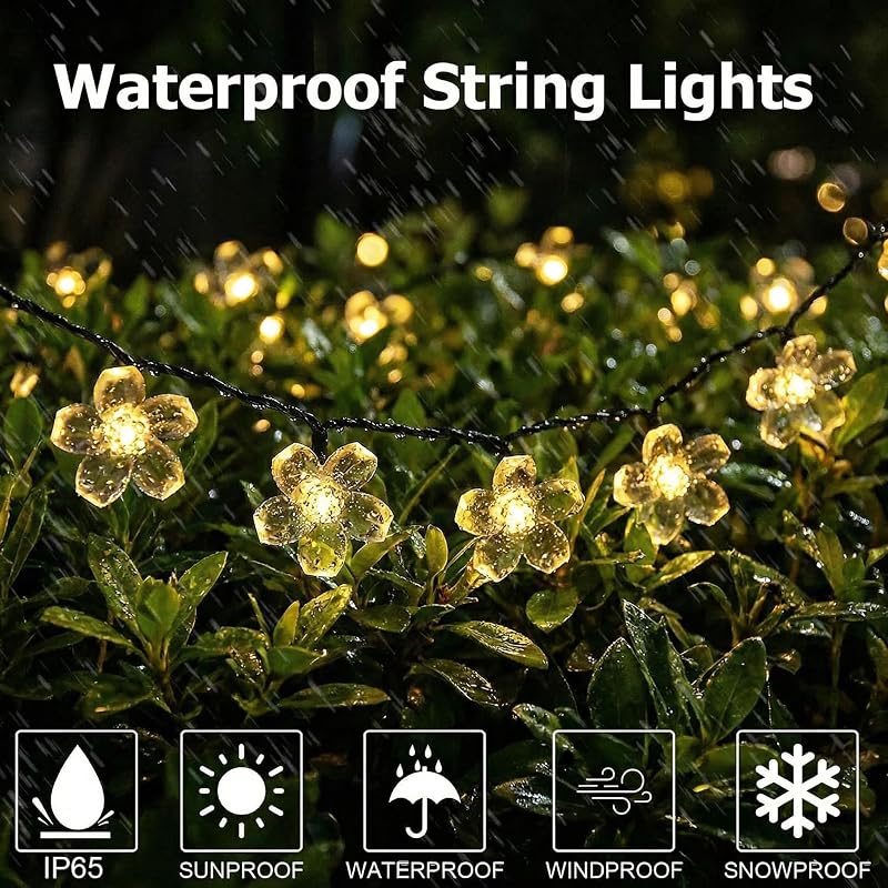 Guirlanda solar exterior, luzes solares de 11 m, flores exteriores, 60 LED, impermeável, 8 modos com memória, flores LED para jardim, terraço, varanda, festa, casamento, decoração de pátio