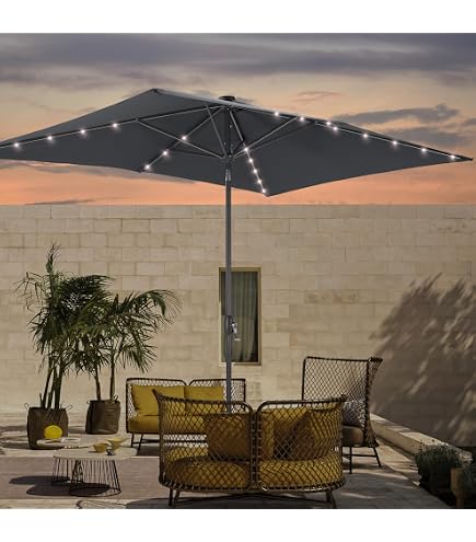 Bonosuki Rectangle Patio Umbrella with Solar Lights, 10 x 6.5ft Rectangular Outdoor Umbrella Table Market Patio Umbrella with Push Button Tilt and Crank for Garden, Deck, Backyard, Pool : Patio