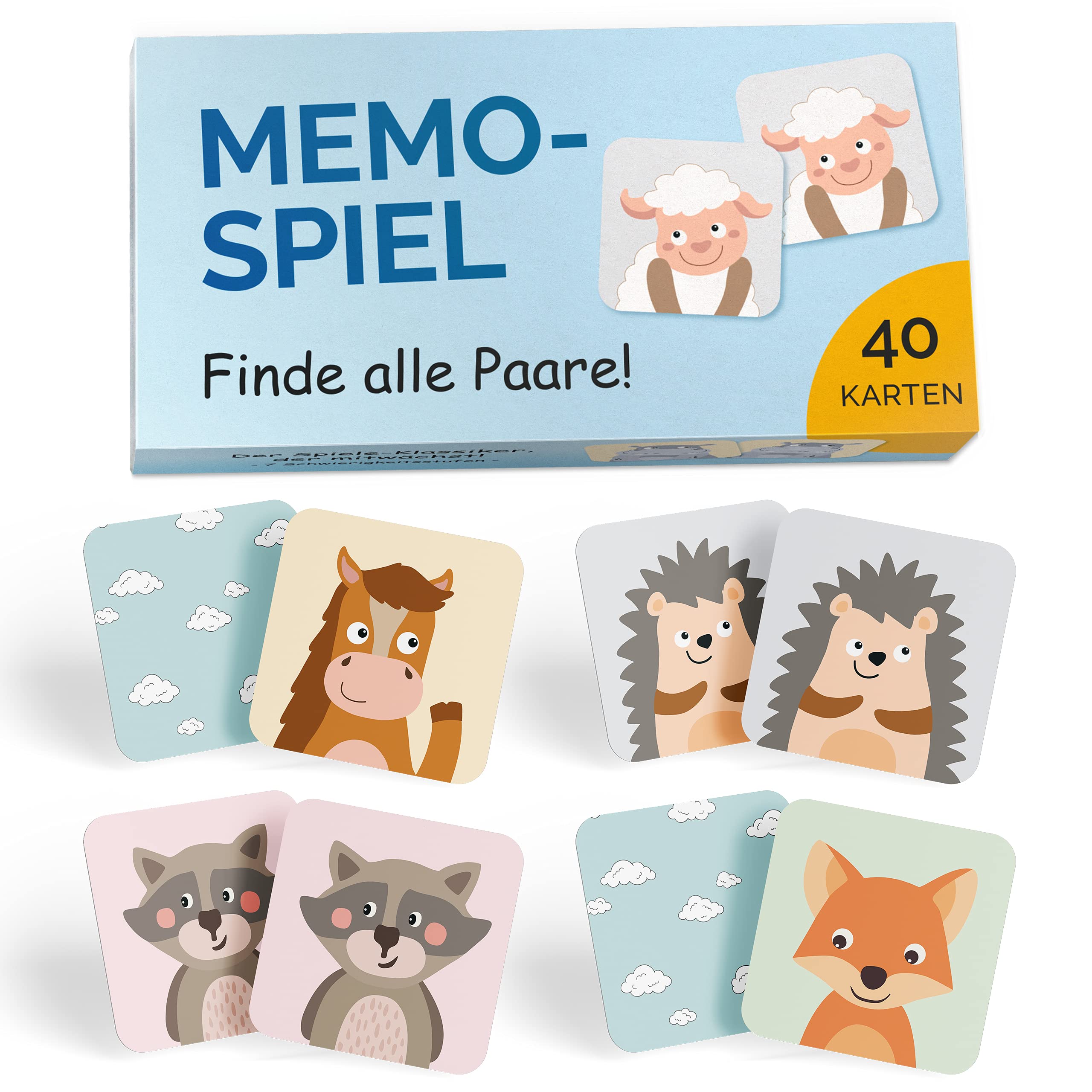 GLÜCKSWOLKE Memo - Game for Children from 2 to 6 Years, Montessori Toy - Promotes Concentration + Memory Ability, Educational Games - With 7 Difficulty Levels, Children's Toy - New (40 Cards)
