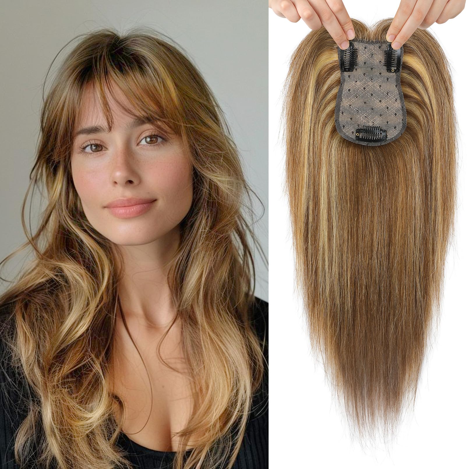 Photo 1 of Flufymooz 100% Real Human Hair Toppers, 12 Inch Human Hair Toppers for Thinning Hair Large Hand-woven Area 360° Coverage Natural Hairpiece Wiglet for Women 5"x3" Silk Base (Medium Brown with Blonde)