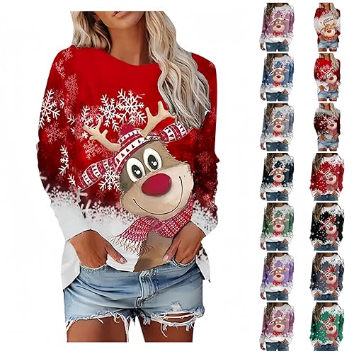 Christmas Jumpers Women, Funny Cute Reindeer Print Long Sleeve Christmas Sweatshirts Novelty Holiday Going Out Pullover Tops Ladies Xmas Sweatshirt