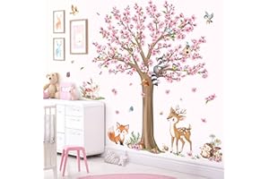 decalmile Woodland Animals Large Flower Tree Wall Decals Cherry Blossom Deer Fox Wall Stickers Baby Nursery Kids Bedroom Living Room Wall Decor