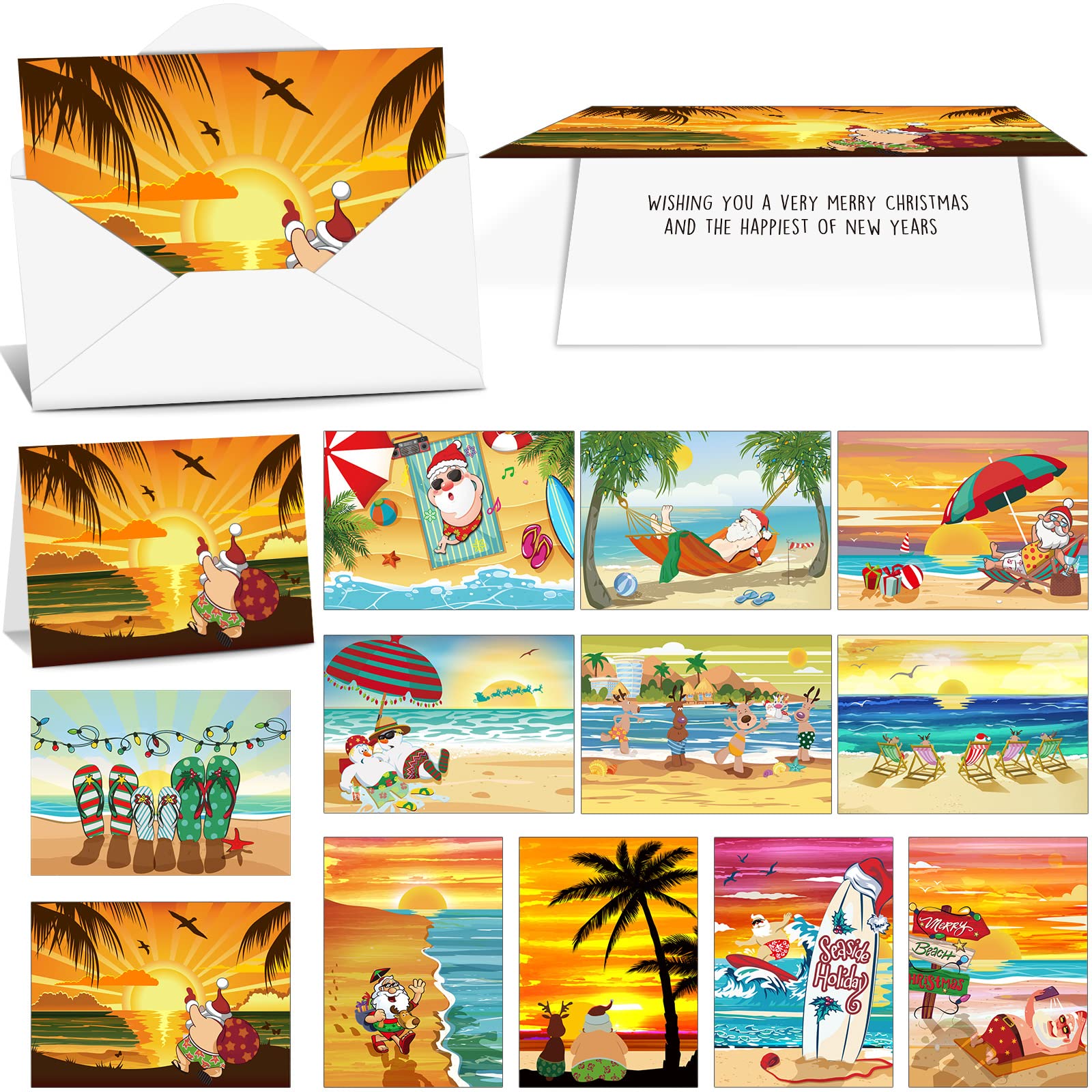 Containlol 24 Packs Beach Christmas Card Variety Pack Tropical Funny Hawaii Xmas Christmas Santa Dock Sunset Greeting Cards with Envelopes for Holiday Gift Supply, 4.7 x 6.6 Inches