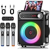 HWWR Karaoke Machine, Portable Bluetooth 5.3 Karaoke Speaker with 3 Wireless Microphones for Adults with LED Lights for Outdoor/Home Party, PA System Supports TWS and TV connectivity Stage-subwoofers