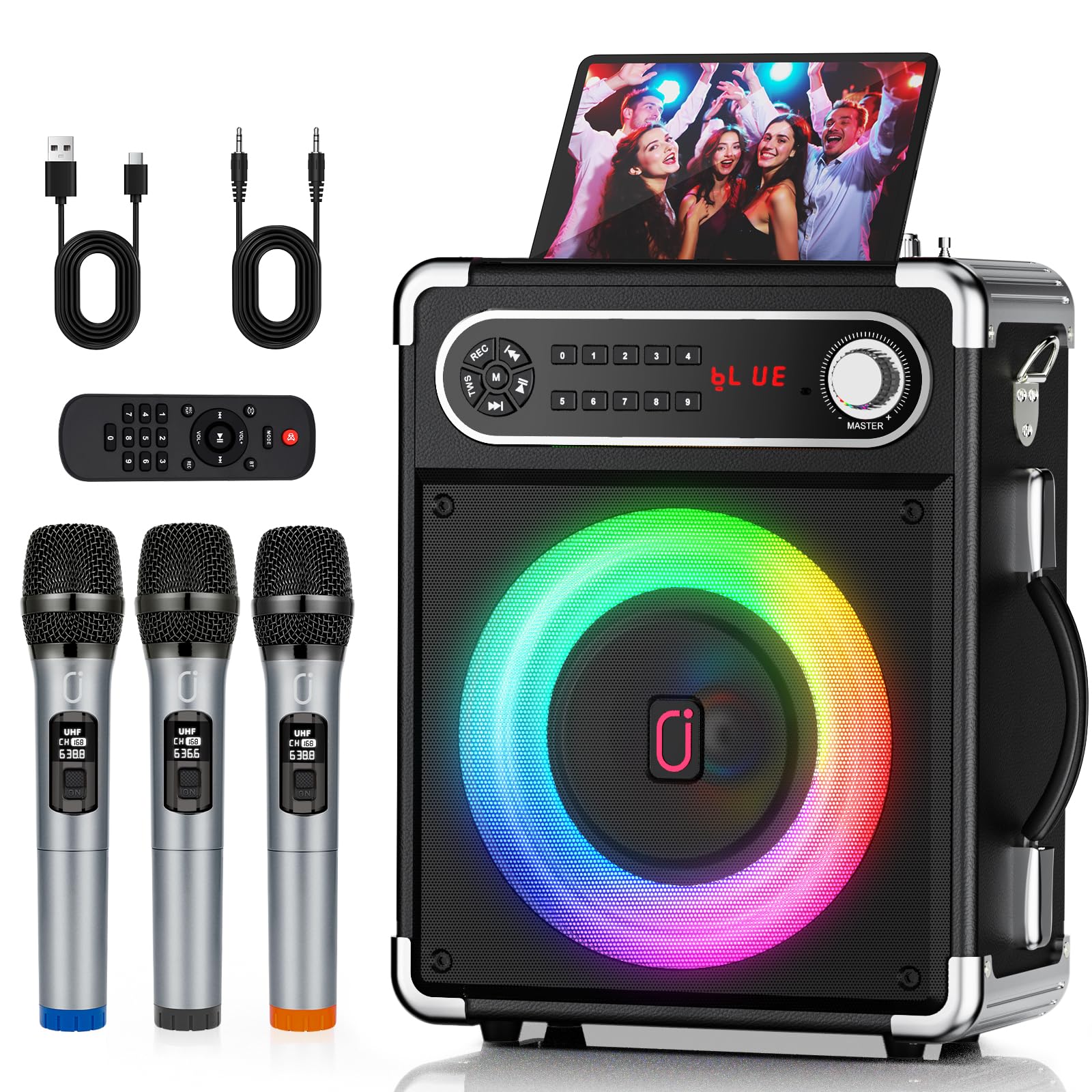Photo 1 of HWWR Karaoke Machine with 3 Wireless Microphones for Adults/Kids, Portable Bluetooth 5.3 Karaoke Speaker, Home Party Speaker with Disco Lights for Outdoor, PA System Supports TWS and TV connectivity