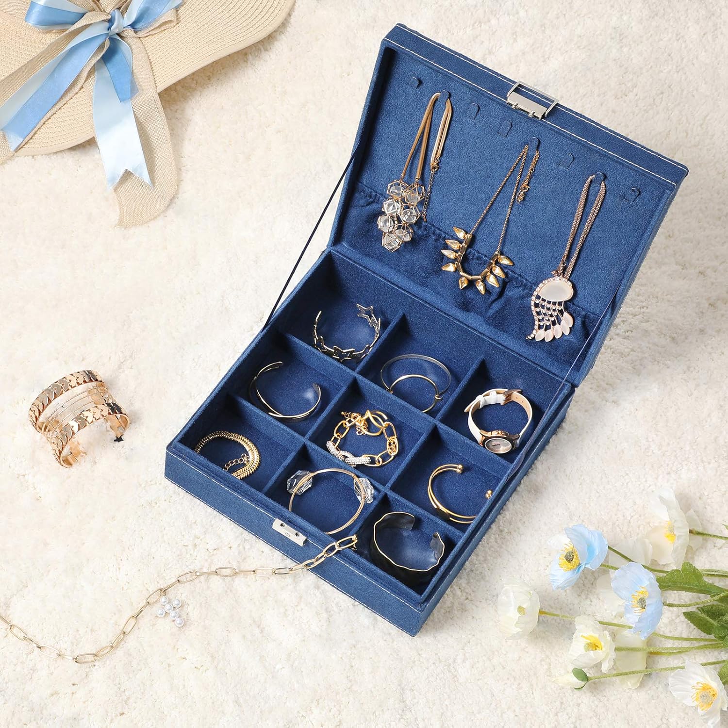 SONGMICS Large Jewelry Box with a Removable Tray and Compartments for Earrings, Necklaces, Bracelets, Dark Blue: Furniture & Decor